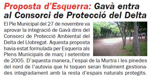 Notcia publicada al nmero 76 de la publicaci L'Erampruny sobre l'entrada de l'Ajuntament de Gav en el Consorci de Protecci Ambiental del Delta del Llobregat (desembre 2009)